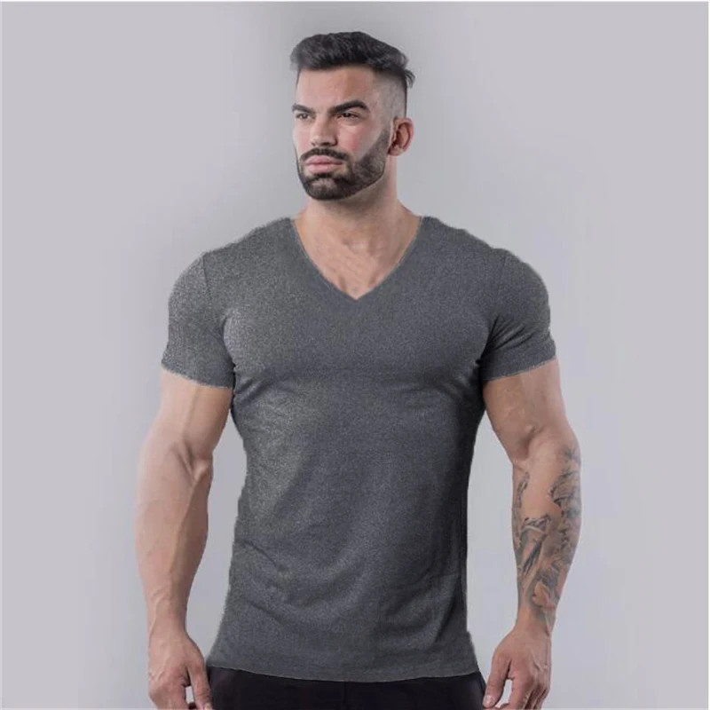 Men Cotton V Neck T Shirt Slim Fit Short Sleeve Gym Workout Casual Tee gallery