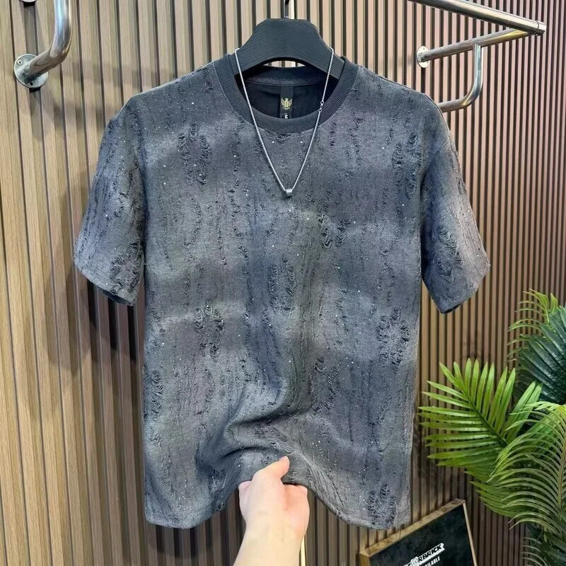 Men Luxury Fashion Trendy Ripped Sequin Diamond Rhinestone Summer T-shirt gallery