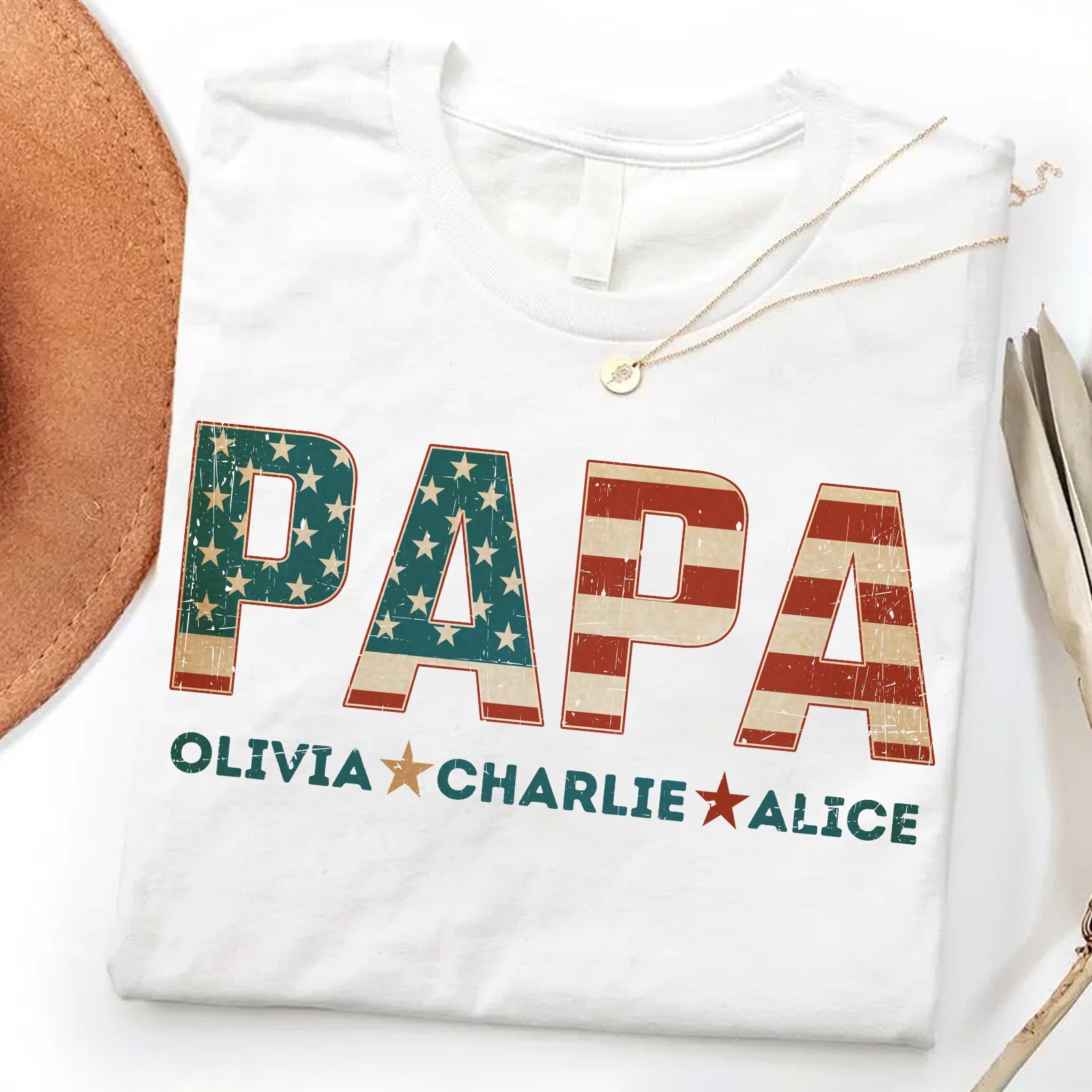 Personalized Papa Shirt Custom Kids Name Patriotic Dad USA Flag Fathers Gift Tee