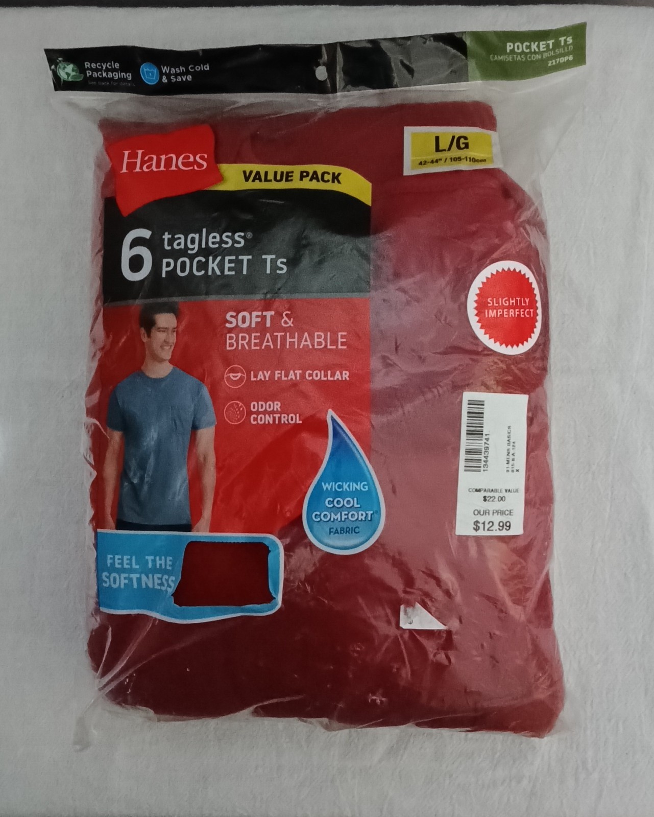HANES 6 TAGLESS POCKET TS SOFT & BREATHABLE COOL COMFORT SIZE L NEW SEALED
