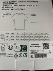 Lacoste Men’s 3pack 100% Cotton Regular Fit Crew Neck Tee White Size XL