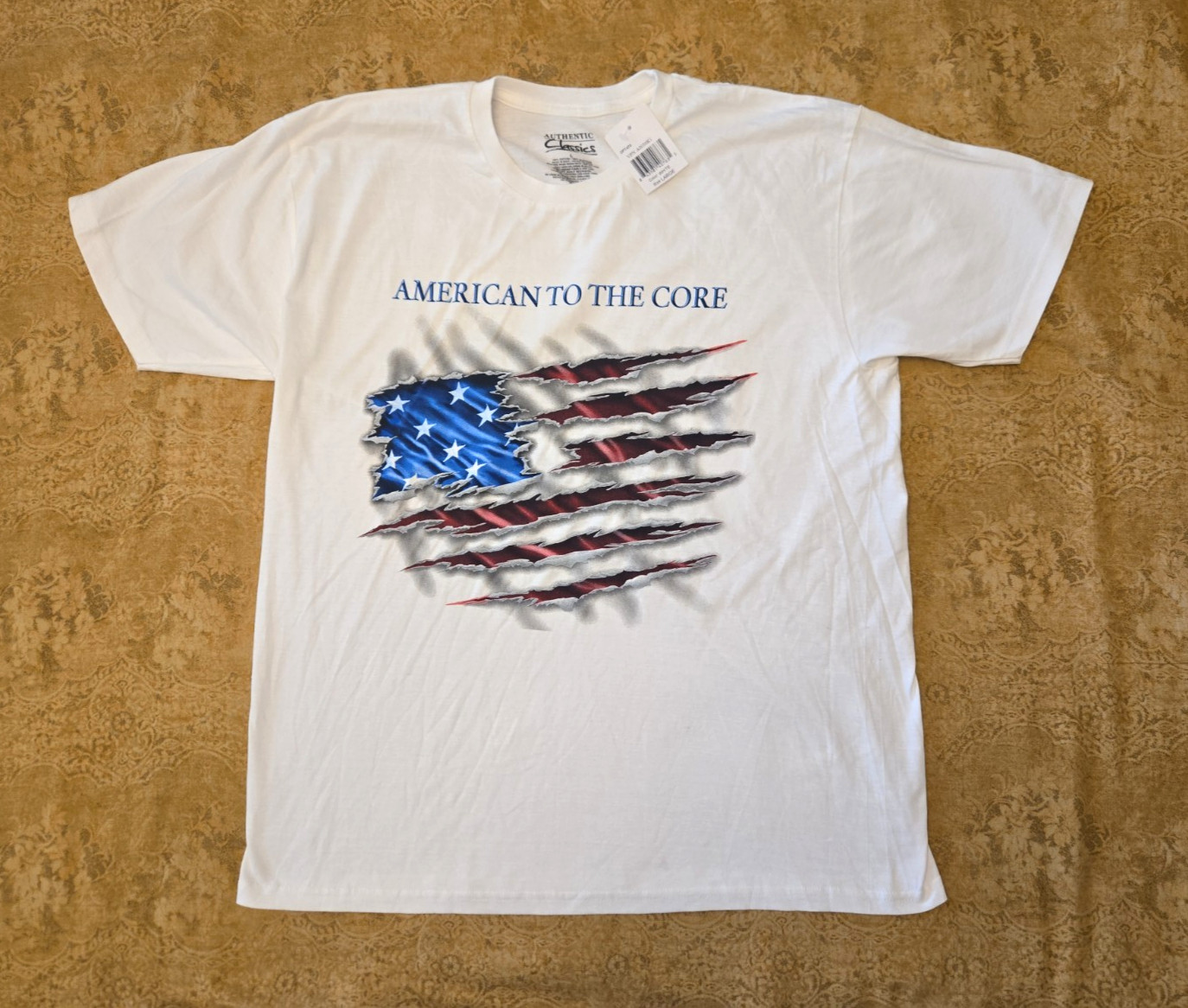 "AMERICAN TO THE CORE" Red, White & Blue" White T-shirt. Sz. Large. * NWT * gallery