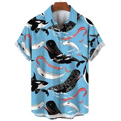 Mens Button Down Shirts Funny Shark Jellyfish Printed Hawaiian Tops Novelty Gift