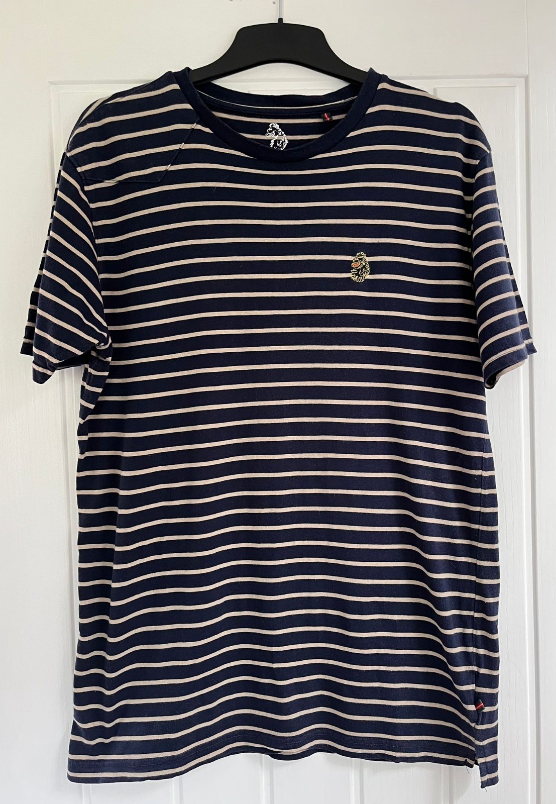 Luke Sport Men’s Navy Beige Striped T-Shirt Large Crew Neck Cotton Modal