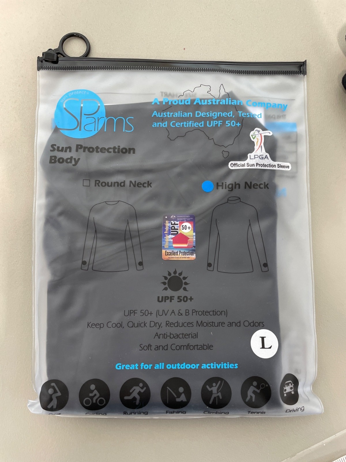 SPArms Men High Neck Sun Protection Body Shirt Size Large UPF 50+ Black Outdoor gallery