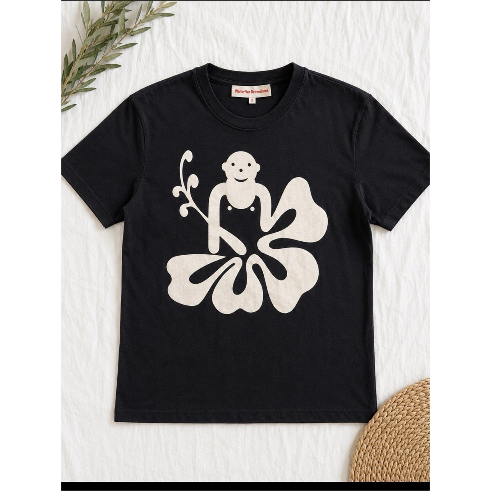 Walter Van Beirendonck Black Short Sleeve Graphic Tee - White Floral Figure gallery