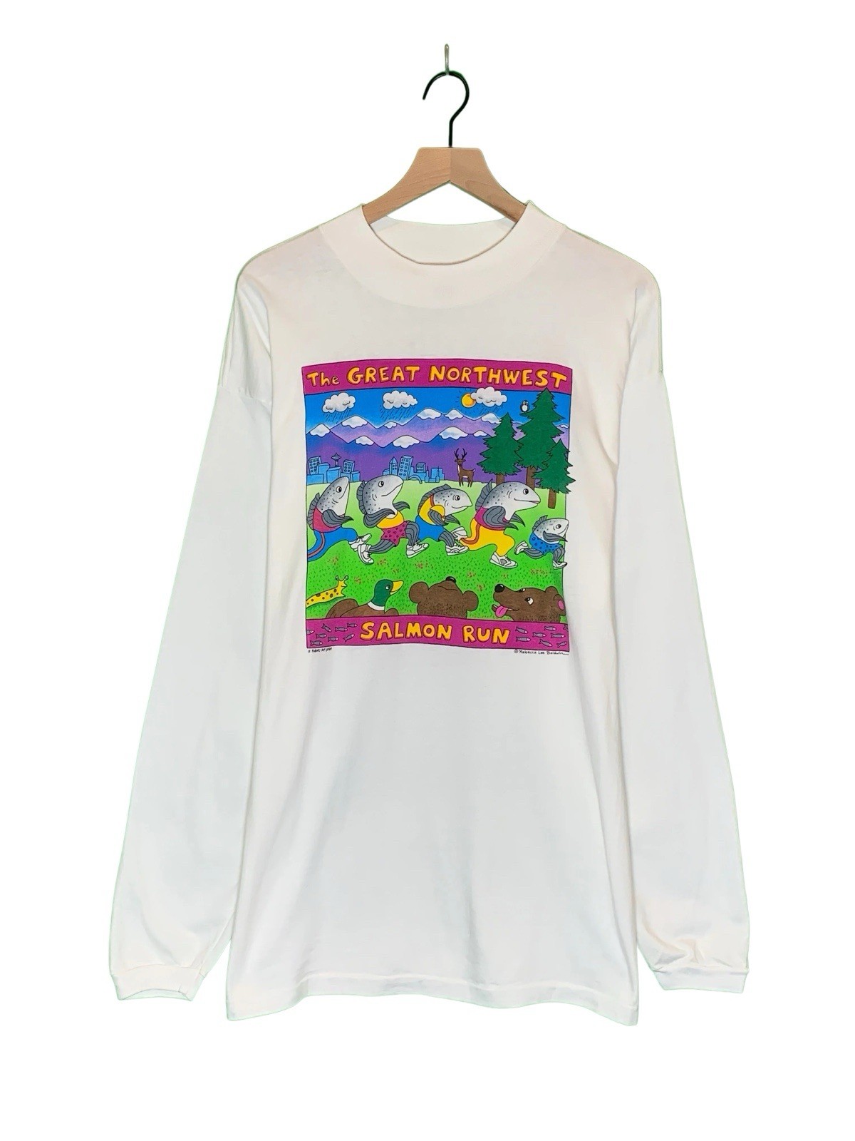 Vtg Fabric Art White Single Stitch Salmon Run XL Long Sleeve Rebecca Lee Baldwin gallery