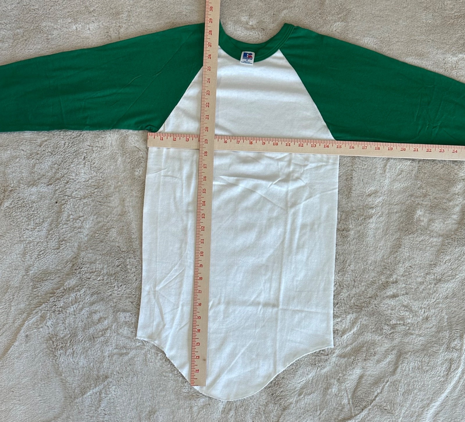 Vintage 90's Russel Athletic Blank White & Green Raglan Single Stitch Shirt S gallery