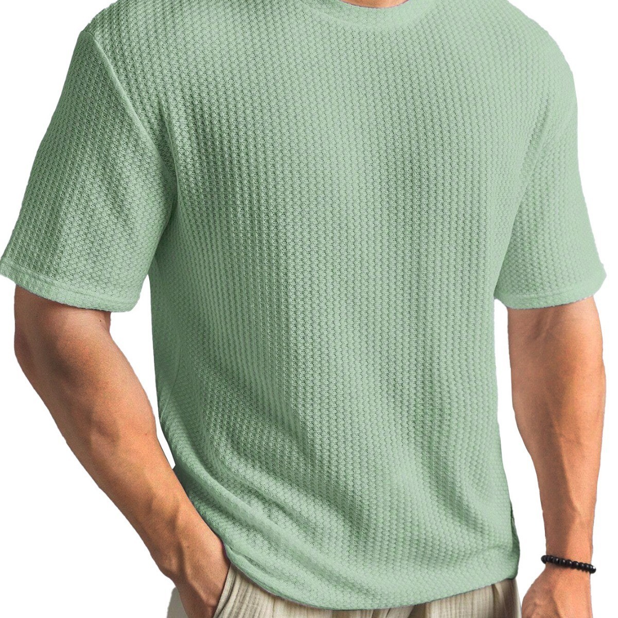 Mens Summer T Shirt Casual Ribbed Crew Neck Short Sleeve Solid Color Tee Top gallery