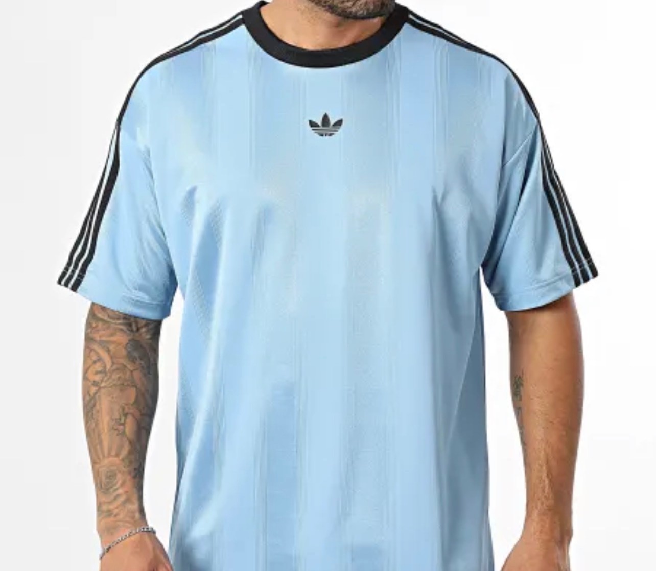 NEW MENS ADIDAS ORIGINALS Large TREFOIL POLY TEE SHIRT Jacquard Ash Blue Black