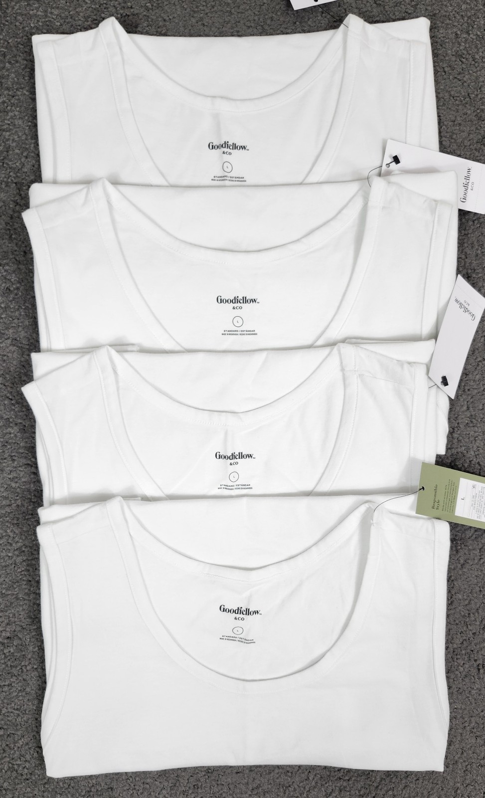 Men's Sleeveless Tanks T Shirts LARGE White 4 PACK Goodfellow Round Neck Stretch gallery