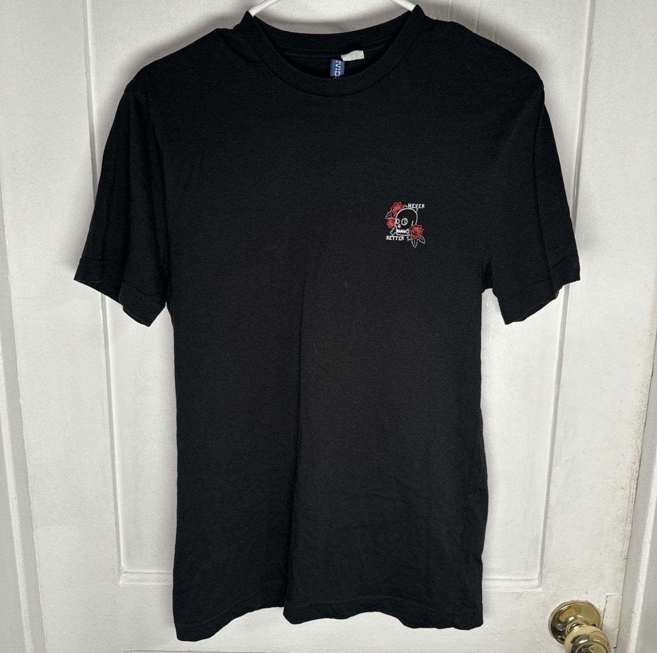 H&M Men’s XS Black "Never Better" Skull Rose Graphic Crew Neck Short Sleeve Tee gallery