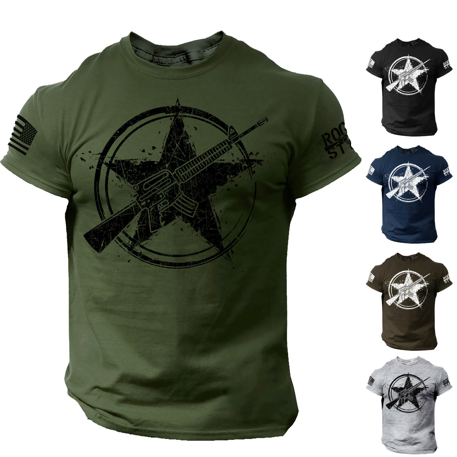 America Gun Star Men's T Shirt Rifle Flag USA Warrior Military Style Tee gallery