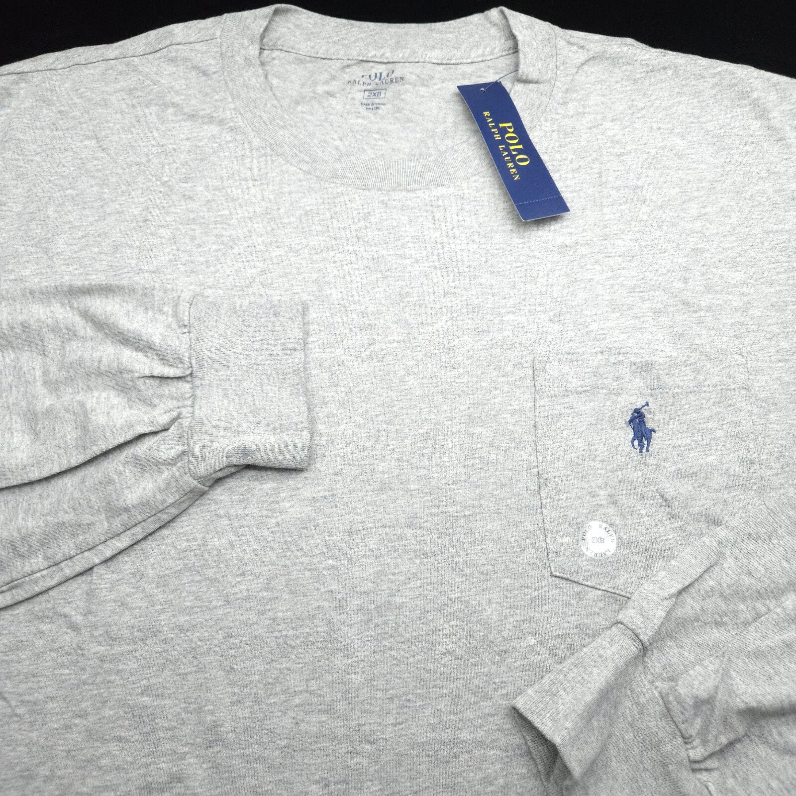 POLO RALPH LAUREN CREW T-SHIRT -2XB BIG XXL GRAY -LONG SLEEVE POCKET -BLUE PONY gallery