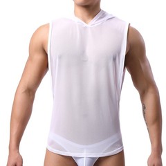 Mens Mesh Loose See-through Workout Vests Tank Tops Hooded Sleeveless T-Shirts