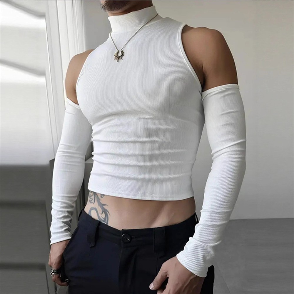 Mens Cold Shoulder Top Casual Pullover Skinny Long Sleeve T-Shirt Sexy Crop Tops gallery
