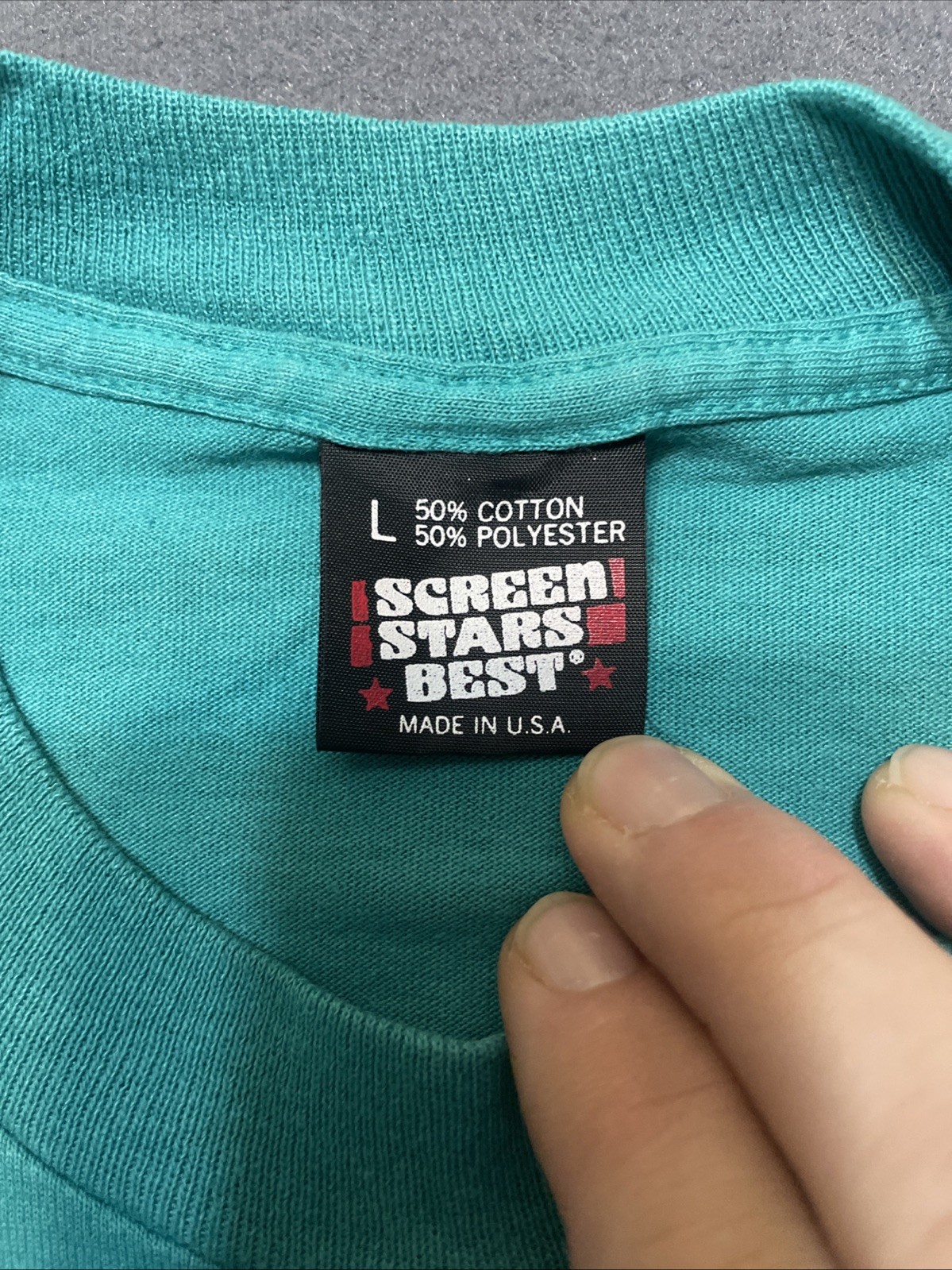 Single Stitch Screen Stars Tag 'I'd Rather Be Quilting.' Teal Crewneck Size LG gallery