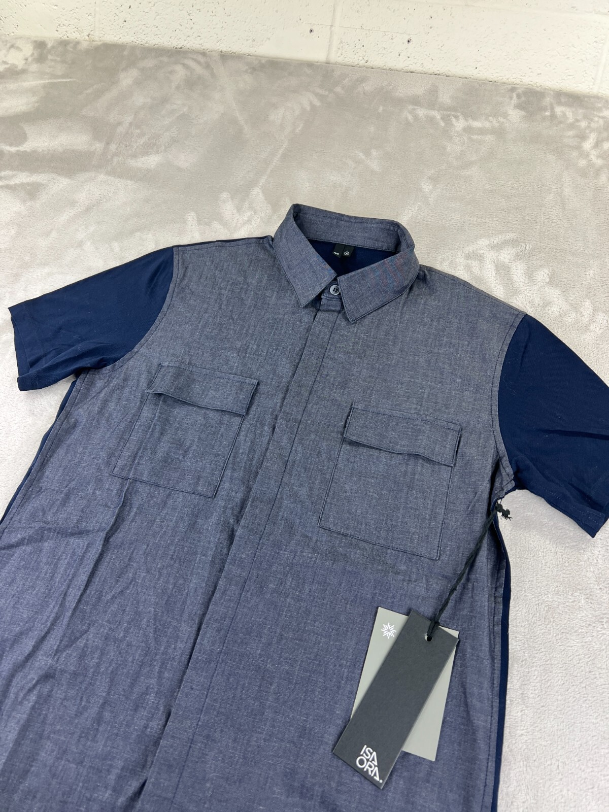 ISAORA Chambray BUTTON DOWN SHIRT SMALL Knit Back Blue Made in USA NEW w/ tags!! gallery