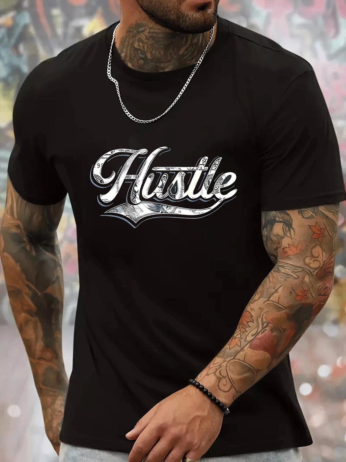 Men’S Summer Casual Crew Neck T-Shirt with Hustle Graphic Print, 100% Polyester