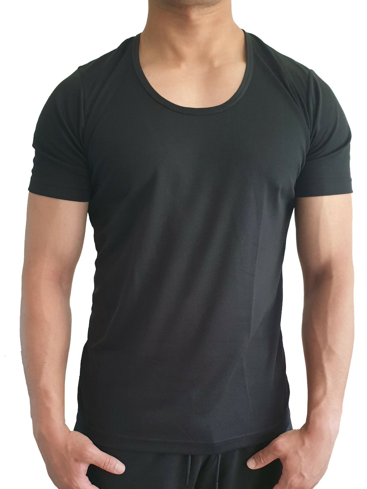 MENS SCOOP NECK T SHIRT QUICK DRY POLYESTER SLIM FIT S - XXL EURO CASUAL MUSCLE gallery