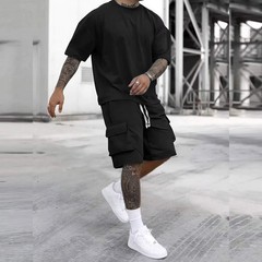 2 Pack Men’s Cargo Pants & T Shirt Set Multi Pocket Casual Athletic Outfit