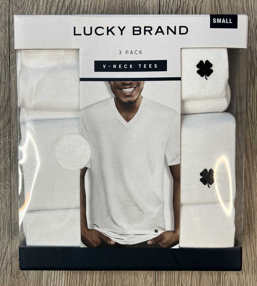 Lucky Brand Men’s 3 Pack V-Neck Logo Tees Super Soft Size Small 34-36 White New