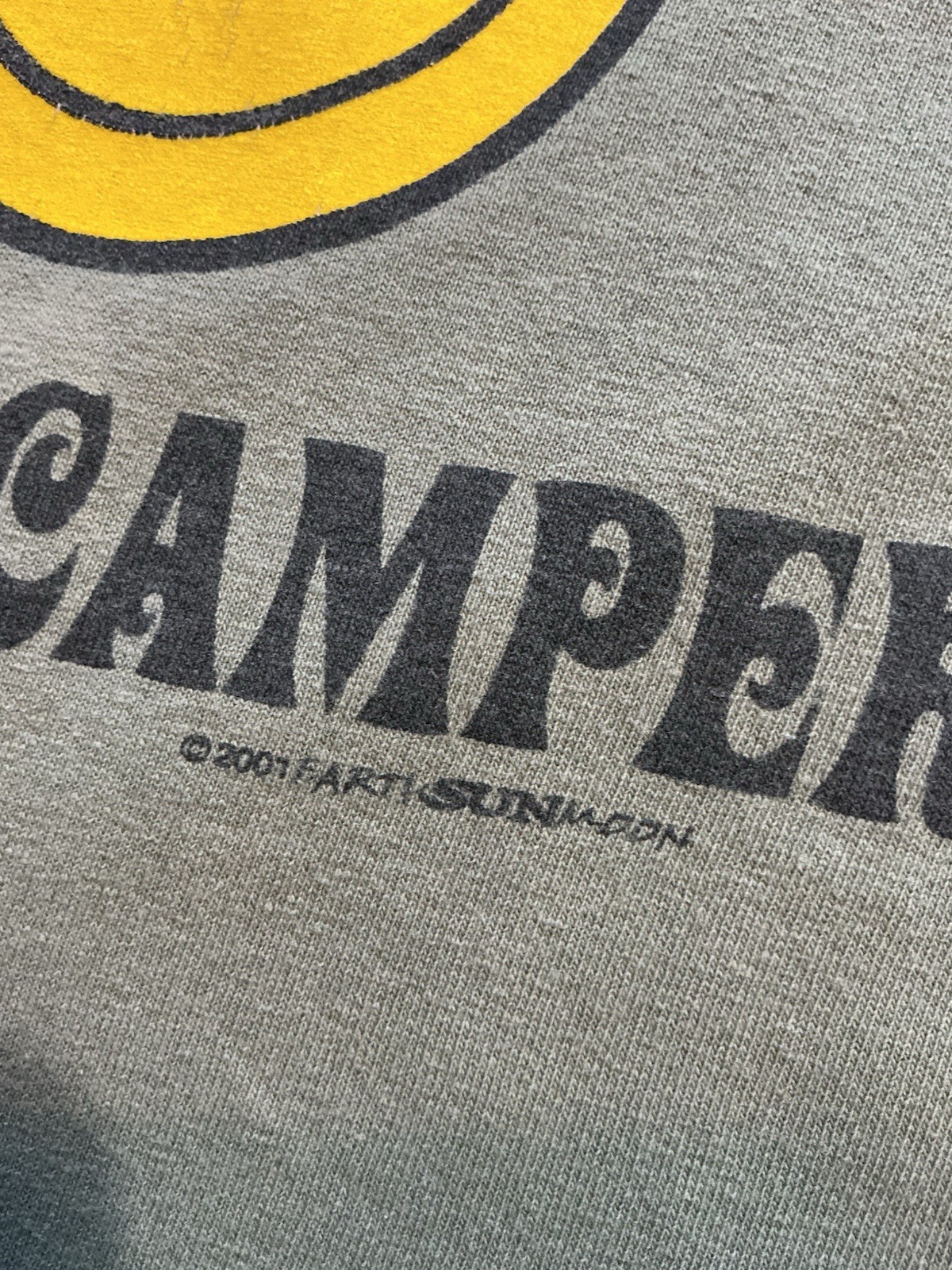 Vintage 2001 Y2K Happy Camper Smiley Face Jim Olive Green Graphic T-Shirt Sz. L gallery