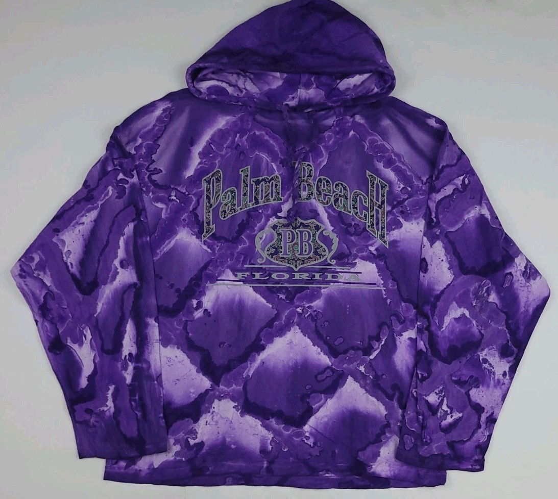 Vintage 90s Palm Beach Florida Purple Tie Dye Hoodie T Shirt USA Made Too Cool gallery