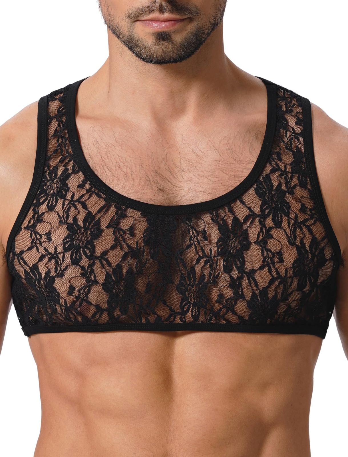 Men's Sissy Lace Muscle Tank Floral Crop Top Semi Transparent Sheer Mesh Vest... gallery