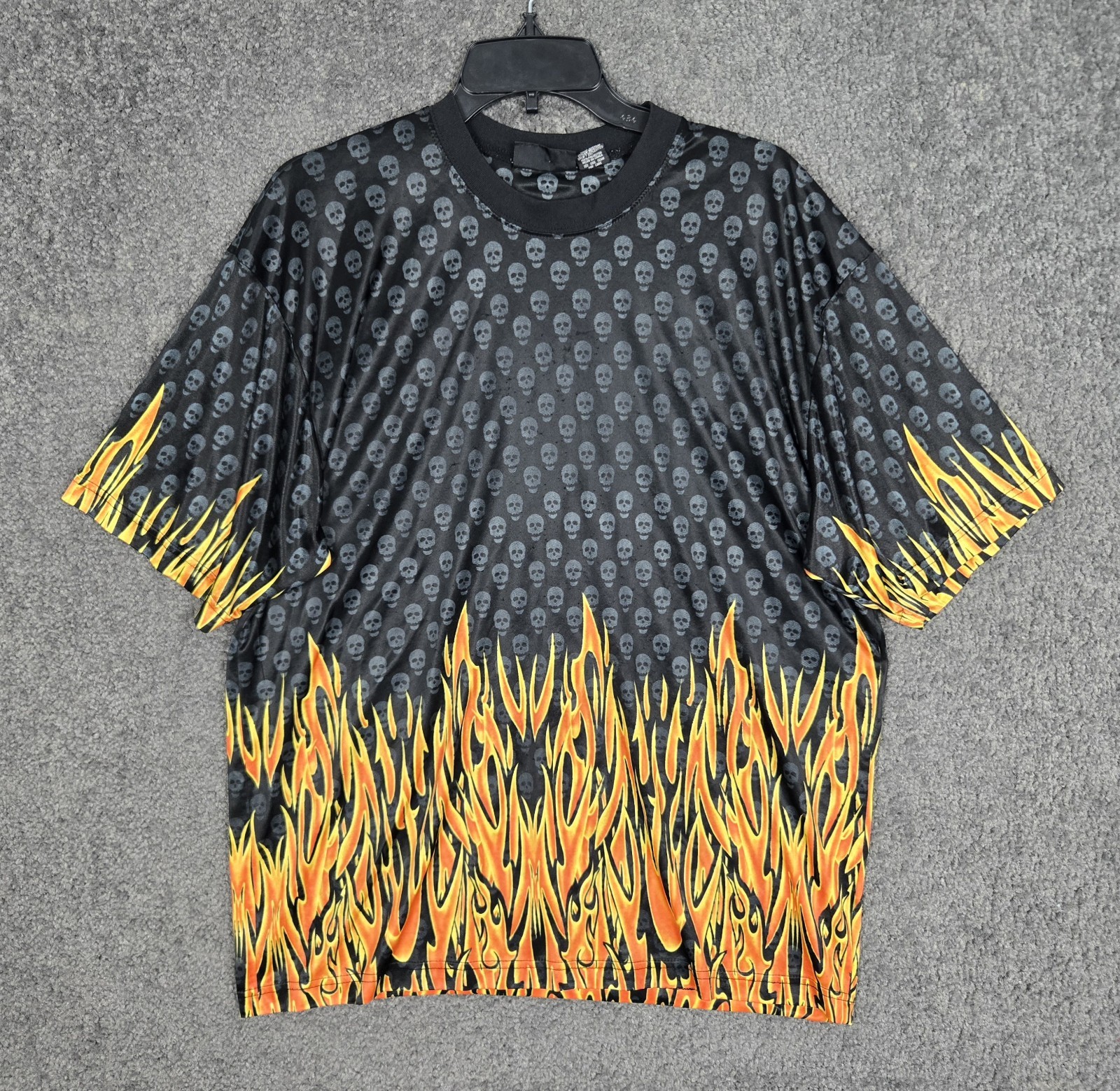 Y2K No Boundaries Skull Shirt Men’s XL Sheer Flame 2000s Tribal Skate Polyester