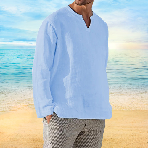 Men's Shirt Long Sleeve Cotton Linen T-shirt V-Neck Solid Breathable Casual NEW gallery