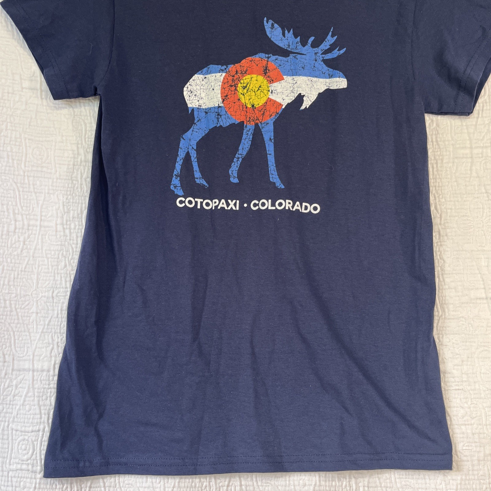 Cotopaxi Colorado Tee Shirt Mens Small Navy Blue Moose Flag Heavy Cotton Gildan gallery