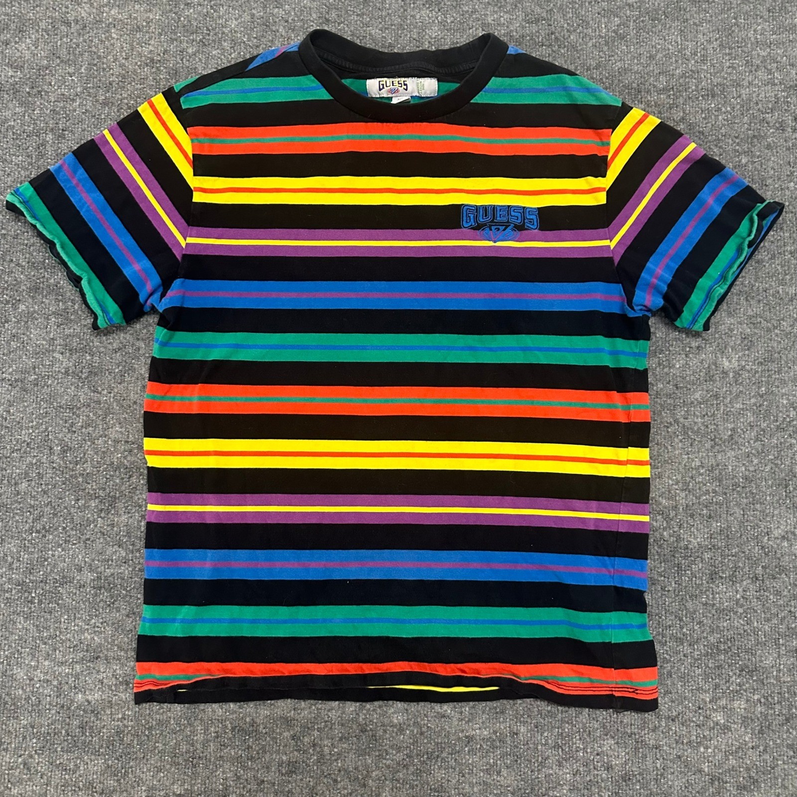 Guess T-Shirt Mens Size M J Balvin Collab Rainbow Horizontal Stripe Black Logo gallery