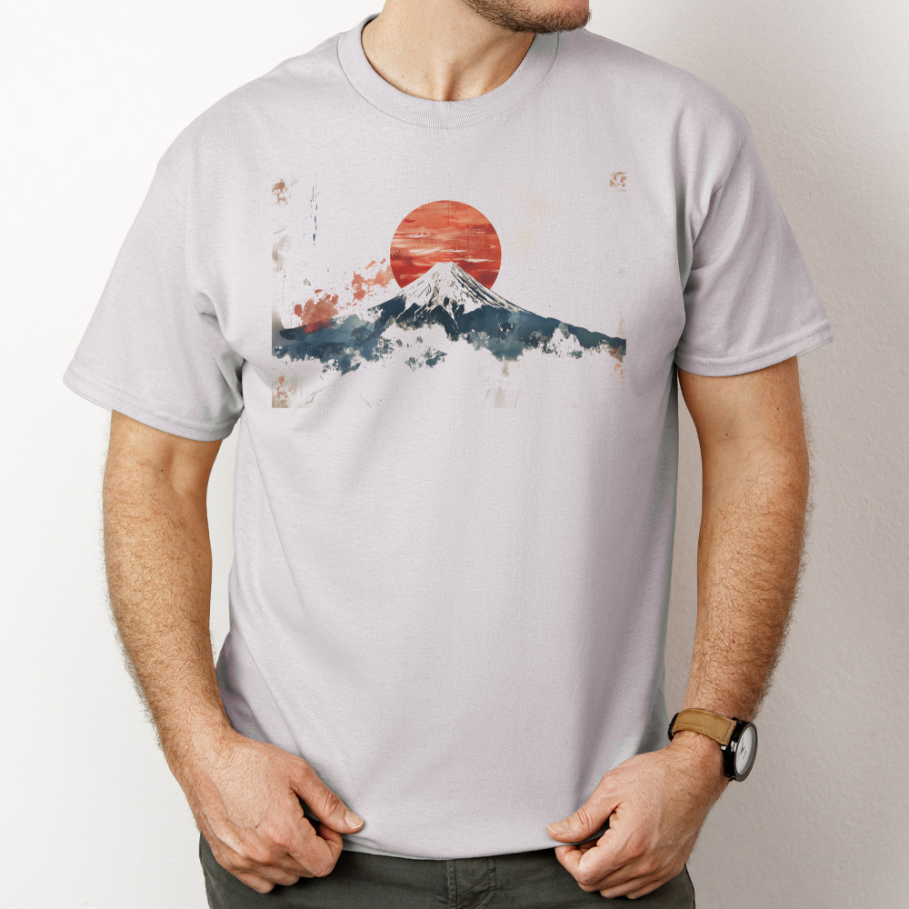 Sun Mountain Shirt Japanese Landscape Watercolor Art Tshirt Gray gallery