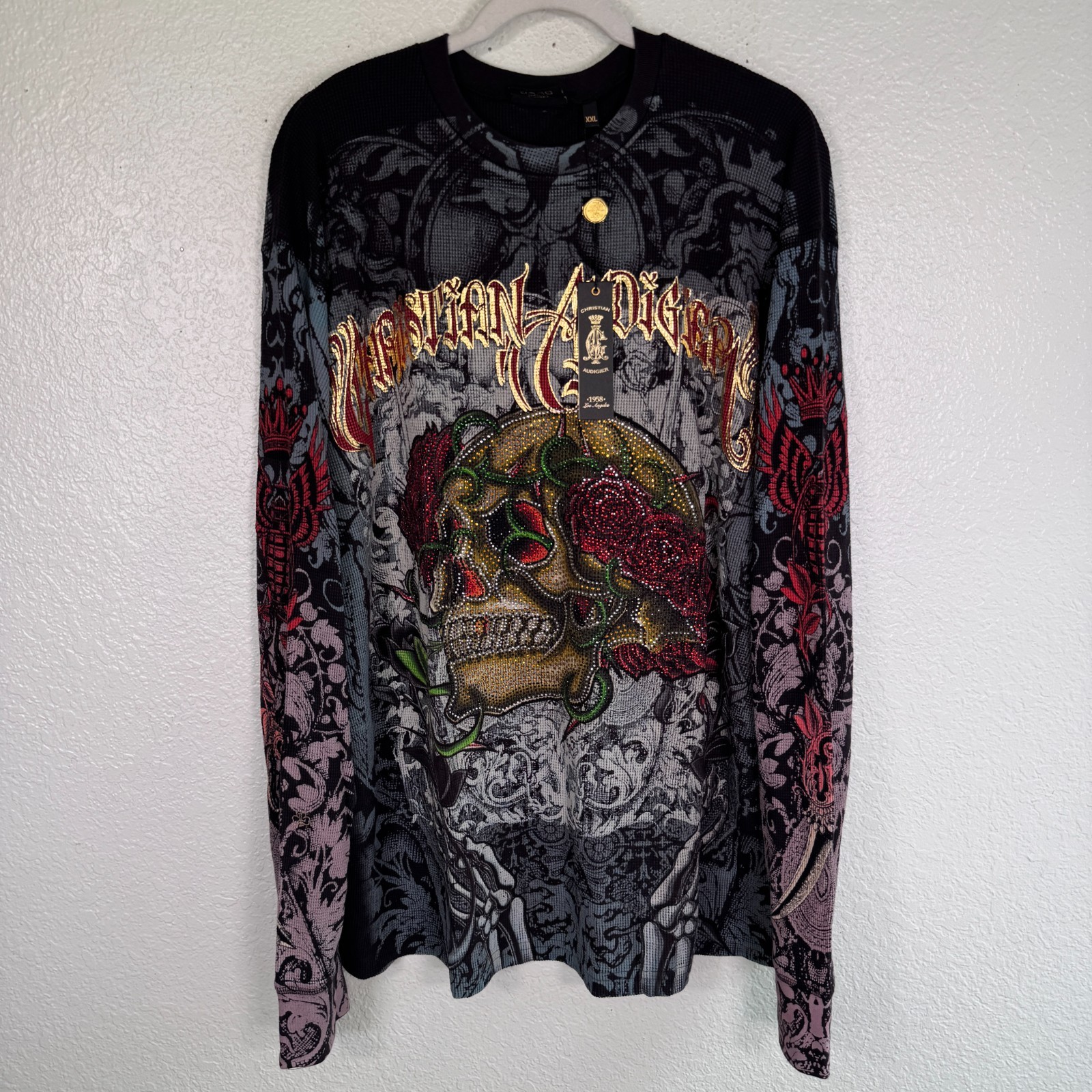 Christian Audigier Y2K Shirt Men XXL Thermal Long Sleeve Platinum Skull Rose 2XL gallery
