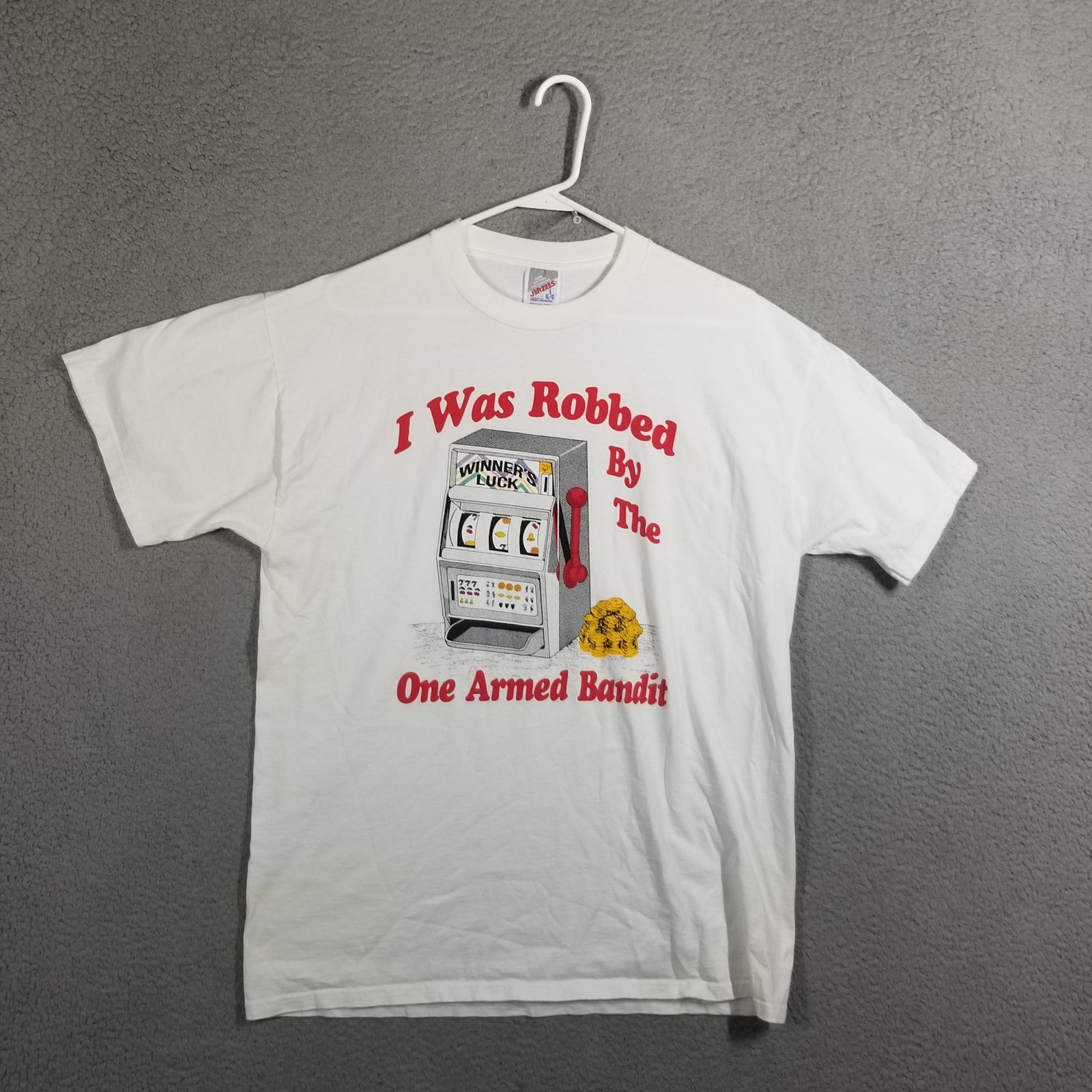 Vintage Gambling Shirt Mens Large White One Armed Bandit Slot Machine Vegas USA