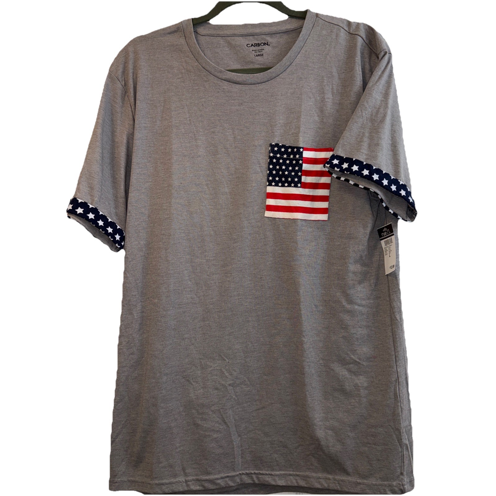 Carbon Unisex TShirt Gray Flag Print Pocket Men’s LG Party On Patriotic US NWT gallery