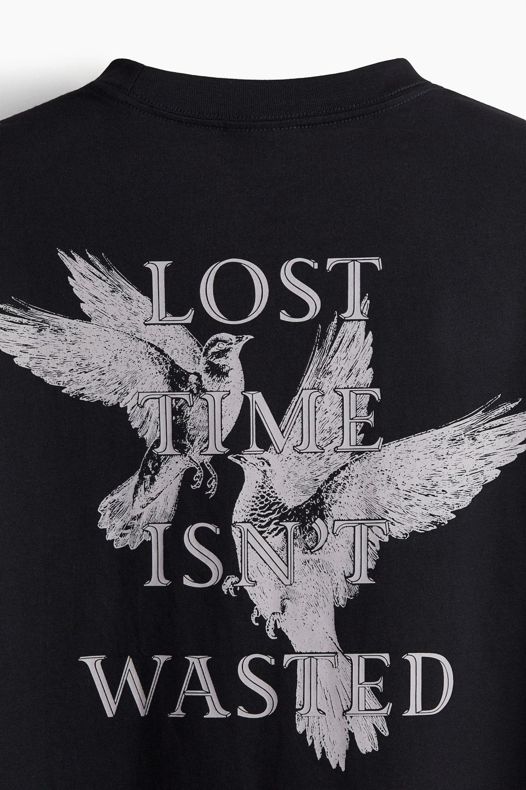 H&M Lost Time Isn’t Wasted Shirt Mens Medium Black Graphic Tee Loose Fit NEW M
