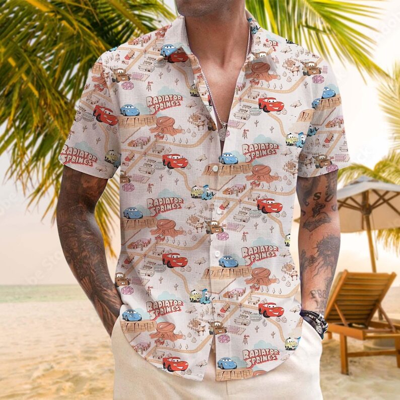 Vintage Pixar Cars Lightning McQueen & Friends Radiator Springs Hawaiian Shirt gallery