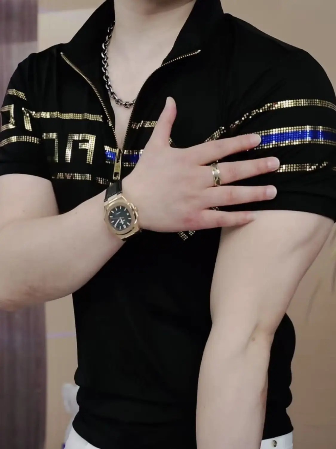 New Men Luxury Diamond Rhinestones Fashion Black Polo T-Shirt High Quality gallery