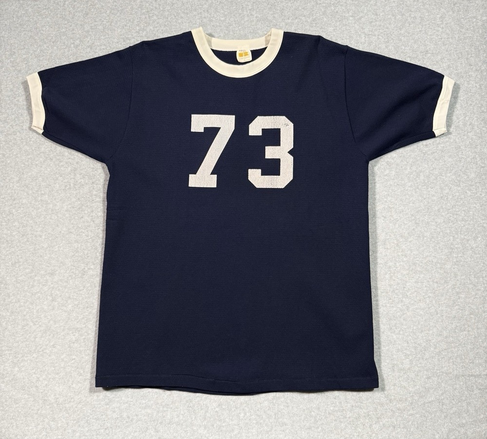 Vintage Russell Athletic Knit Ringer Tee Mens L Navy White BRENT 73 Jersey USA