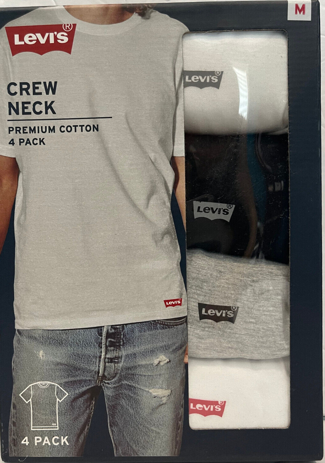 Levis 4 Pack Mens Crew-Neck Cotton T-Shirts Size: Medium White/Black/Grey