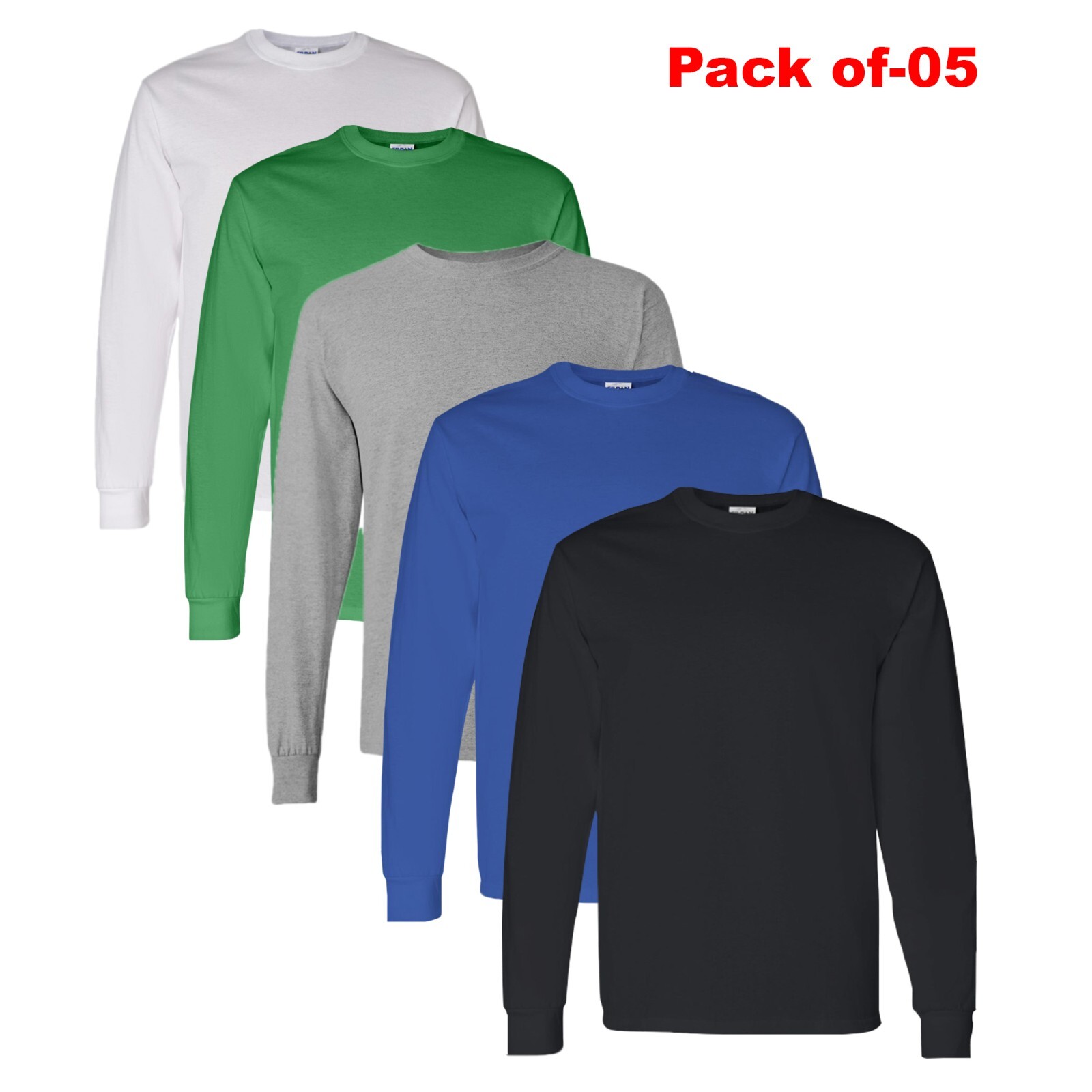 Long Sleeve Crew Neck T-Shirt Multicolor Gildan - 100% Cotton Pack 5 Bulk Tee gallery