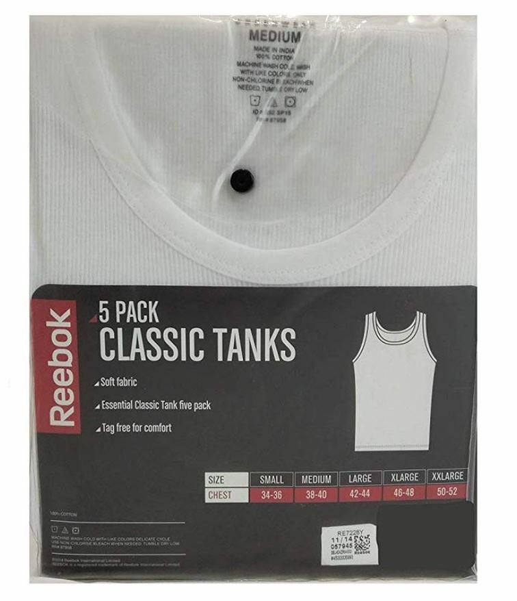 NEW*Reebok Men's 5 Pack Cotton Classic Ribbed Tanks Undershirts, White, Medium gallery