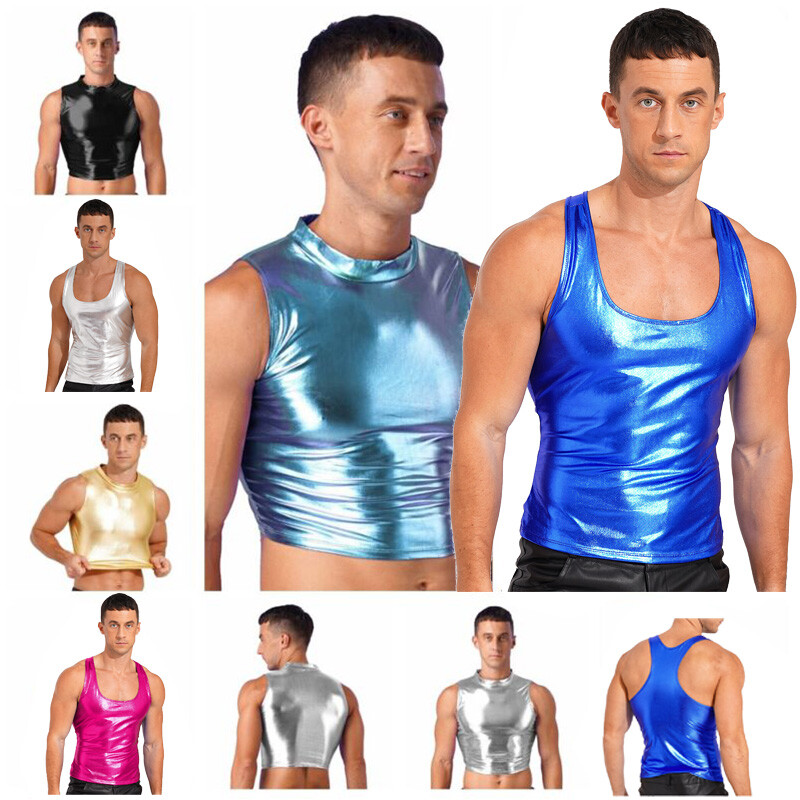 Men's Wet Look Faux Leather Vest Metallic Sleeveless Mock Neck Crop Tank Top gallery