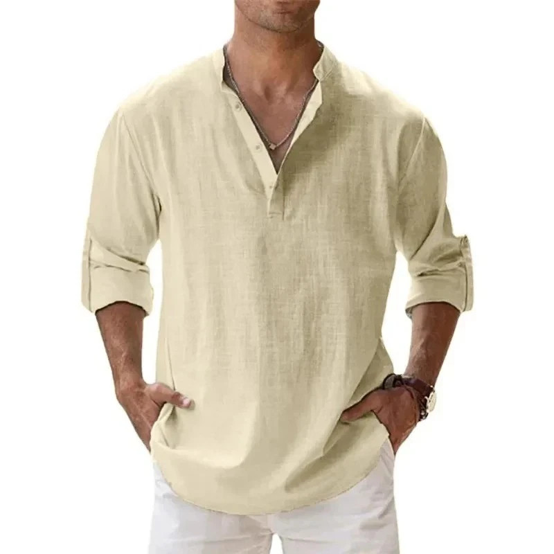 Men's Cotton Linen Henley Long Sleeve Shirt Casual Beach T-shirt Tee Summer Gift gallery