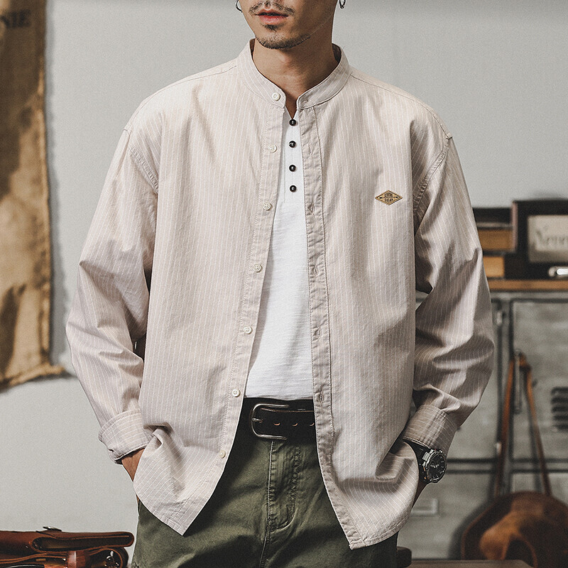 Spring Retro Stand Collar Striped Shirt Mens Long-sleeved Loose Shirt Jacket gallery