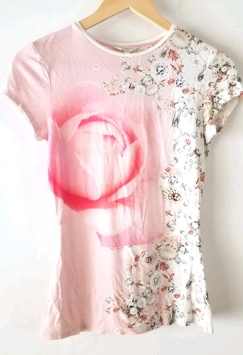 Ted Baker London Blenheim Jewels Fitted T Shirt W/Rose Size 0 Tee XS Cream/pink gallery