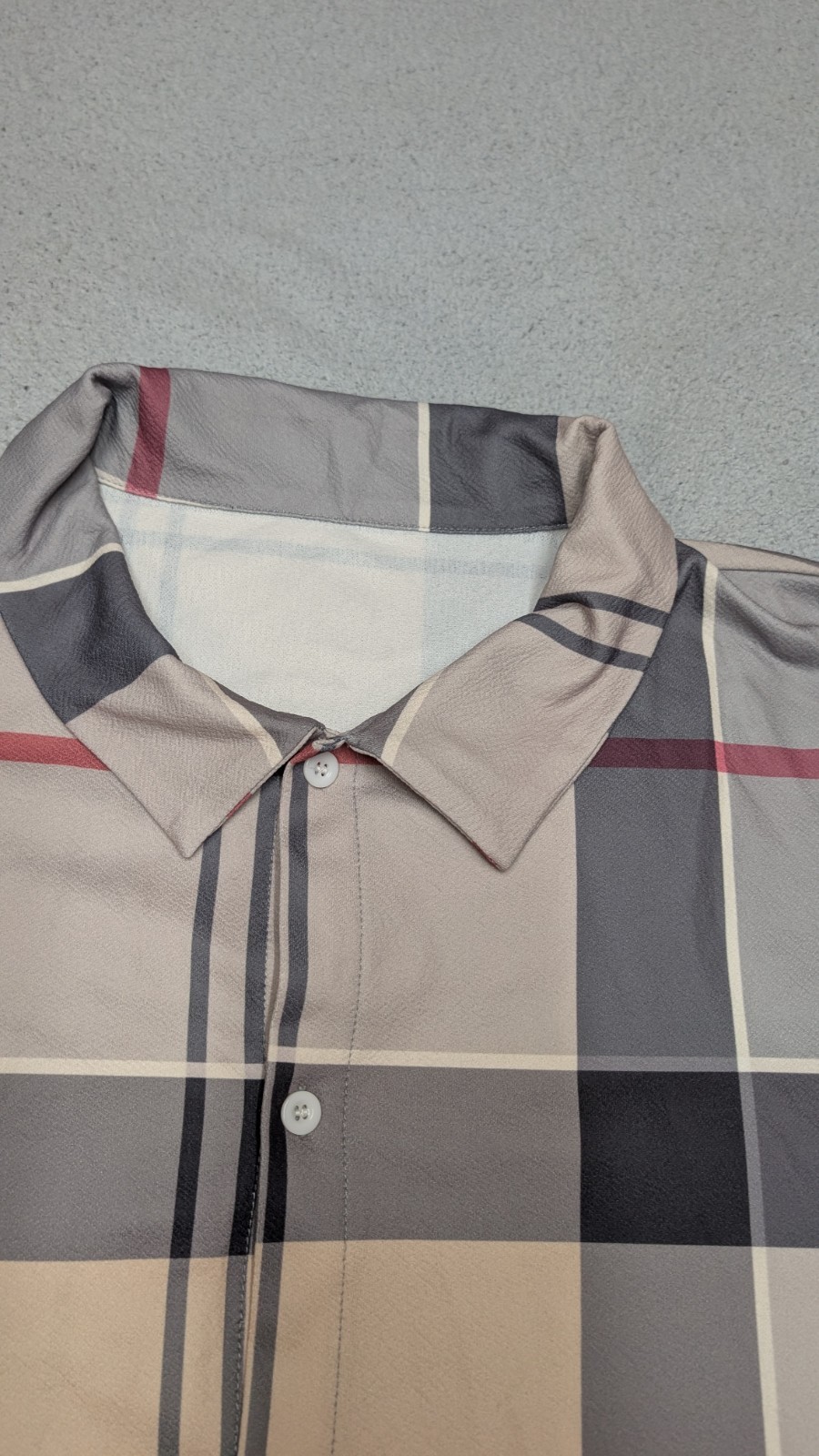 Men’s 6XL Gray Beige Plaid Button Front Shirt Long Sleeve Lightweight Stretch gallery