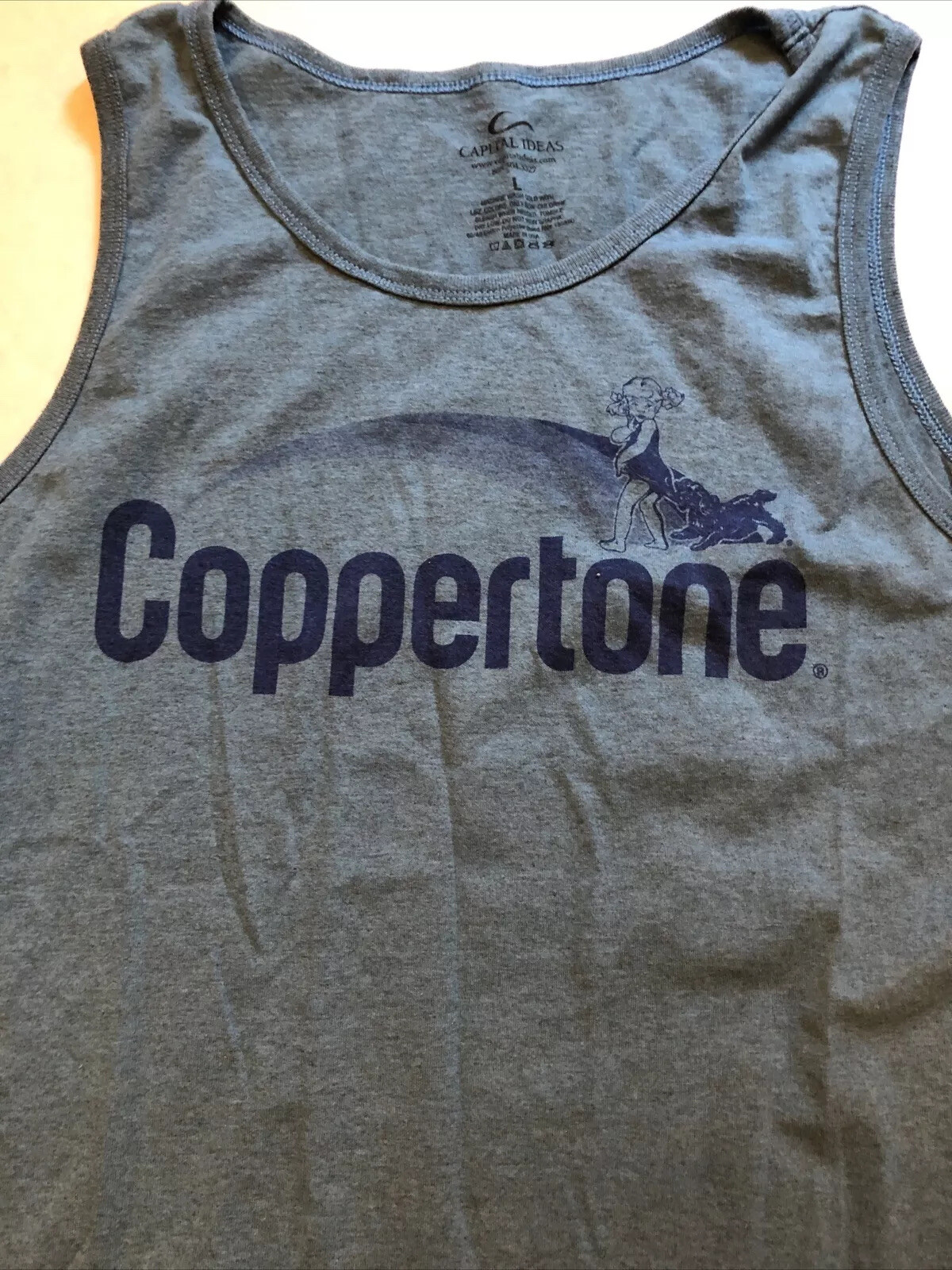 Men’s L BLUE GRAPHIC COPPERTONE Girl Logo Tank Top T Shirt Made In USA gallery